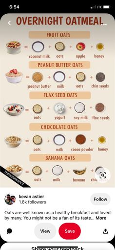 an iphone screenshot showing the ingredients for overnight oatmeal, including bananas and other