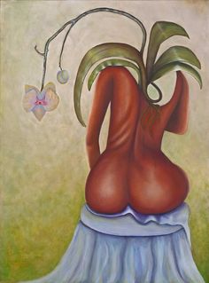 a painting of a woman's back with flowers in her hair and an orchid