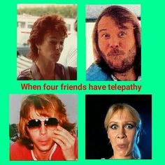 four people with different facial expressions and the caption when four friends have telepathy