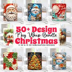 coffee mugs decorated with christmas decorations and santa claus's face on them, all in different styles