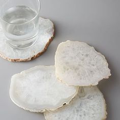 three pieces of oyster with a glass of water in the middle on a gray surface