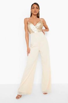 Women's Strappy Sequin Wide Leg Jumpsuit | Boohoo UK Waved Hair, Wide Leg Jumpsuits, Glitter Ball, Rompers Womens Jumpsuit, Sequin Outfit, Sitting Pretty, Gathered Sleeves, Wide Leg Denim