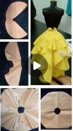 several pictures of different types of paper and some type of cloth on a mannequin