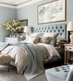 Blue bedroom. Classic art print. Pale Blue Bedrooms, Modern Country Bedrooms, English Bedroom, Light Blue Bedroom, Summer Clouds, Cozy Bedroom Ideas, Country Style Bedroom, Guest Bedroom Design, Classic Bedroom