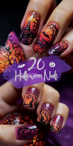 nails 21 degree Halloween Nail Designs Cat Eye, Fall Halloween Nail Ideas, Fall And Halloween Nail Ideas, Witches Hat Nail Art, Halloween Nails With Cats, Halloween Nail Designs Tutorial, Extreme Halloween Nails, Scary Nails Designs, Short Witch Nails