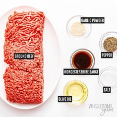 raw ground beef on a plate with ingredients labeled in the top right corner and below it