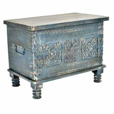 Distressed Blue Hand Carved Box Storage Trunk Trunks LOOMLAN By LOOMLAN Trunks For Sale, Decorative Trunks, Boho Style Interior, Chest Ideas, Farmhouse Beach, House Cottage, Carved Legs, Table Bedroom, Storage Trunk