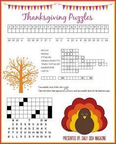 the thanksgiving crossword puzzle is shown with words and pictures to help kids learn how to read