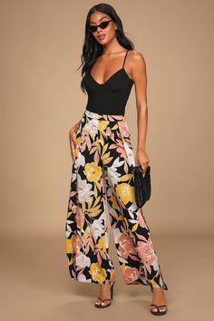 Black Floral Print Pants - Wide-Leg Pants - Side Slit Pants - Lulus Flower Pants Outfit, Floral Pants Outfit, Lulu Pants, Flower Pants, Leg Pants Outfit, Floral Print Pants, Black Wide Leg Pants, Flowy Pants, Wide Leg Linen Pants