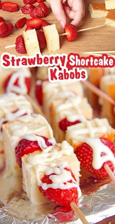 strawberry shortcake kabobs with white icing and strawberries on the side