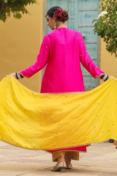 Hot pink straight kurta with all over floral embroidery using dori, resham and zari work. Paired with a mustard salwar with embroidered border. - Aza Fashions Pink Katan Silk Kurta With Traditional Drape, Pink Katan Silk Kurta With Dupatta, Katan Silk Dupatta With Dori Work, Unstitched Suit With Gota Work, Fitted Katan Silk Unstitched Suit, Katan Silk Sharara With Cutdana, Salwar Women, Pink Kurta, Embroidered Border