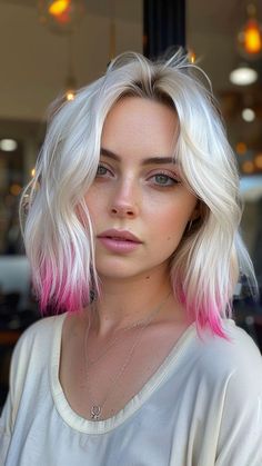 12 Two Toned Hair Color Ideas for Brunettes with Highlights Blonde Hair Dipped Ends, Colored Blonde Hair Ideas, Blonde Hair Dip Dyed, Platinum Hair With Color, Blonde With Vivid Highlights, Blond Hair With Pop Of Color, Blonde And Fashion Color Hair, Blonde Dipped Ends Hair Color, Hair Ends Colored