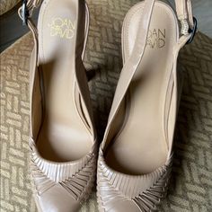 Brand New Never Worn Joan And David Slingbacks! Beige Almond Toe Slingback Pumps For Spring, Spring Slingback Sandals With 4-inch Heel And Almond Toe, Beige Almond Toe Slingback Pumps For Summer, White Wedge Heels, Navy Pumps, Suede Oxfords, Knee High Heels, Tall Riding Boots, Snakeskin Heels