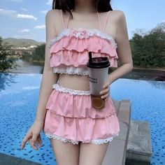 Premium Quality Women Lolita Sweet Cute Split Swimsuit Ruffled Bikini Swimwear Kawaii hot , Womens Dresses Grunge Party Outfit, Conservative Swimsuit, Kawaii Swimsuit, Ruffle Swimsuit, Summer Swim Suits, Cute Swimsuits, Set Women, Japan Fashion, Kawaii Fashion