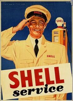 an old shell service poster shows a smiling man in uniform holding a sign that says shell service