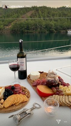 wine and cheese are served on a boat