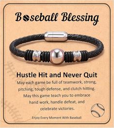 a baseball bracelet that says, hustle hit and never quit with the ball on it