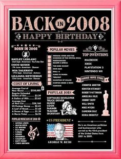 a pink framed poster with the words back in 2009 and happy birthday written on it