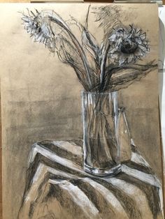 a drawing of flowers in a vase on a table