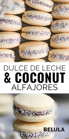 there are many different types of cookies on the table and in front of them is an advertisement for delice de leche & coconut alfajores