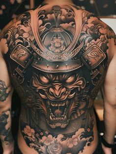 Image Samurai Back Tattoo, Back Piece Tattoo Men, Oni Tattoo, Hannya Mask Tattoo, Buddha Tattoo Design