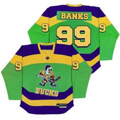 Combine your love of sports, streetwear and nostalgia by copping the Adam Banks Ducks #99 Hockey Jersey. This bold jersey features contrast panelling and striping all throughout and embroidered team logos on the sleeves and front and centre. Don't sleep on this iconic hockey jersey, available now at Jersey Nation while stock lasts! - Adam Banks Ducks #99 Hockey Jersey- Fully embroidered graphics: Team, Name, Number detailing, Logo- Heavyweight fabric- Long sleeves- Premium tackle twill stitching Throwback Cotton Jersey For Team Events, Throwback College Jersey With Team Logo, College Throwback Jersey With Team Logo, Throwback Team Jersey For Sports Season, Throwback Cotton Jersey For Sports Events, Throwback Team-colored Cotton Jersey, Throwback Team-colored Jersey For Sports Season, Throwback Sports Jersey With Team Logo For Events, Throwback College Jersey With Crew Neck