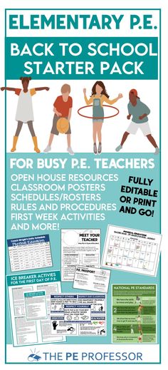 the elementary pe back to school starter pack is shown with information about each student's activities