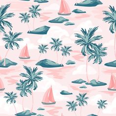 a pink and blue palm tree wallpaper with sailboats in the water, rocks and mountains