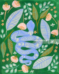 a painting of a snake surrounded by leaves and flowers