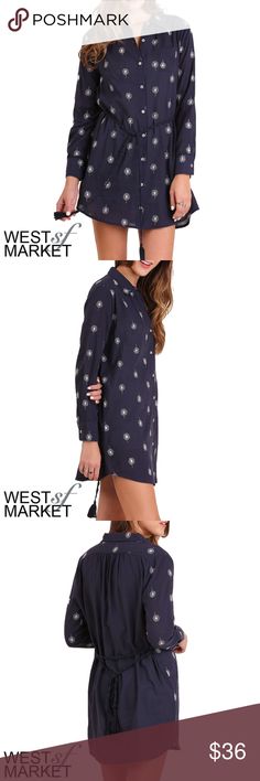 The Cassie Dress Navy button-up shirt style dress with graphic dandelion print. Features a versatile fringed waist tie that can cinch the waist or tie behind the back! West Market SF Dresses Mini Shirt Style Dress, Dandelion Print, Shirt Dress Style, Shoe Lover, Style Dress, Waist Tie, Dandelion, Harem Pants, Dresses Mini