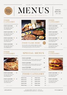 a menu with different types of food and drinks on the front, including hamburgers