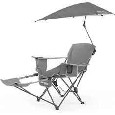 a folding chair with an umbrella attached to the back and seat, in front of a white background