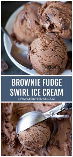 brownie fudge swirl ice cream on a white plate with spoons in it