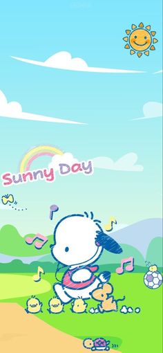 hello kitty wallpaper with the words sunny day and an image of a cat on it