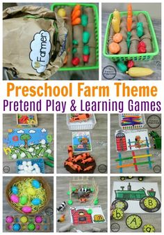 a collage of pictures showing different activities for children to play and learn in the farm