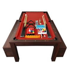 a pool table with cues, cues and other items on it in front of a white background