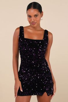 Dark Purple Mini Dress - Sequin Velvet Dress - Square Neck Dress - Lulus