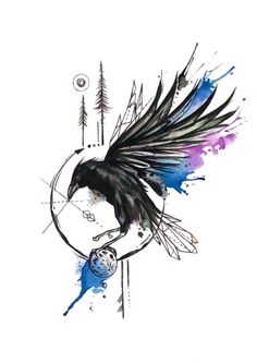 a drawing of a black bird with blue and purple feathers on it's wings