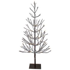 a small silver christmas tree with lights on it's branches and metal stand in front of a white background