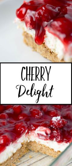 cherry delight cheesecake on a white plate with the title overlay reading cherry delight