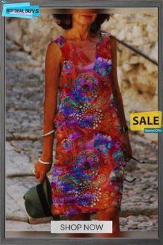 Fashion Beach Style Printed V Neck Sleeveless Midi Dress V-neck Midi Dress With Vibrant Print For Beach, Multicolor V-neck Beach Midi Dress, Beach Sleeveless V-neck Dress With Floral Print, Multicolor Print V-neck Beach Dress, V-neck Beach Dress With Abstract Print, Dresses By Length, Midi Dress Sleeveless, Beach Style, Women's Fashion Dresses