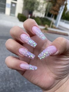 Encapsulated Nails Stars, Glitter Under Acrylic Nails, Star Ombre Nails, Encapsulated Star Nails, Pink Glitter Star Nails, Clear Star Nails, Coffin Star Nails, Star Nails Long, Baby Glitter Nails