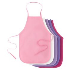 five different colored aprons with one pink, one purple and one blue on them