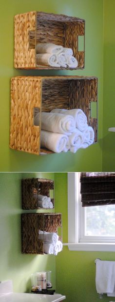 there are two pictures of the same bathroom with towels in baskets on the wall and towel racks above the sink