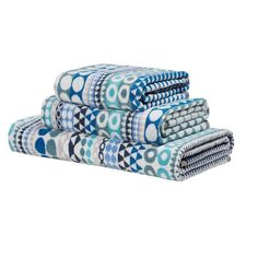 three blue and white towels stacked on top of each other