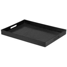 an empty black tray with handles on the bottom is shown in front of a white background