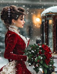 a woman in a red velvet dress holding a bouquet of flowers while standing next to a lamp post