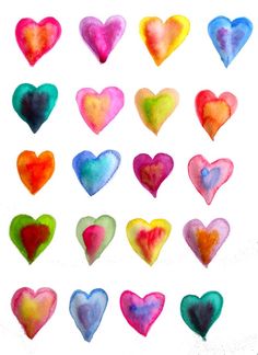 watercolor hearts are arranged in different colors