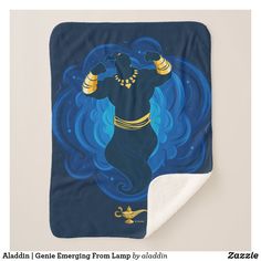 a towel with an image of a woman in blue and gold on the front, as if she is dancing