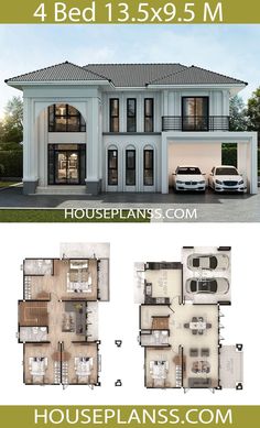 two story house plan with three car garages and 3 bedroom, 5 bathroom apartment